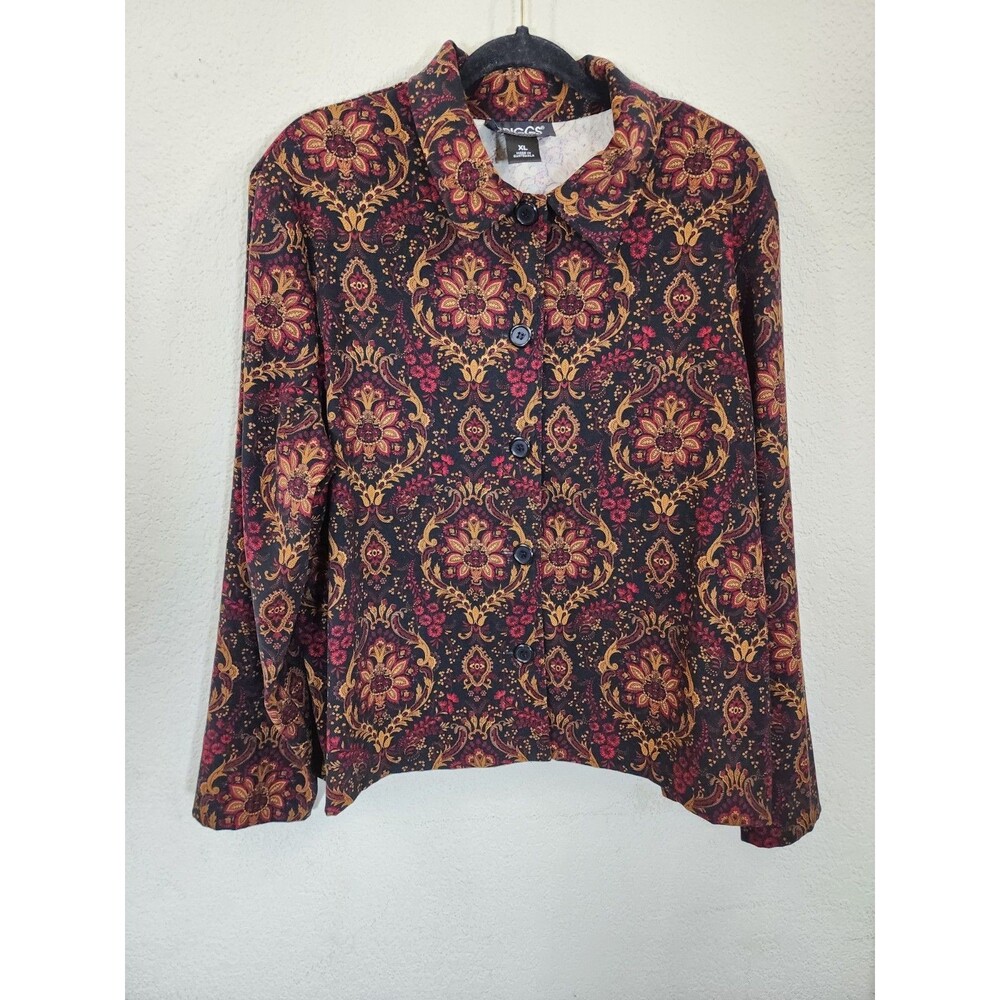 Briggs New York XL Jacket Top Damask Floral Button Up Red Black Shacket Vintage